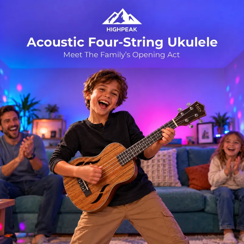 HighPeak Acoustic Four-String Ukulele with wood-grain finish on a stand
