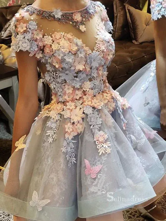 Selinadress 3D Flower A-line Scoop Short Sleeve Short Homecoming Dress Prom Dress RYU047 in tulle with floral detail