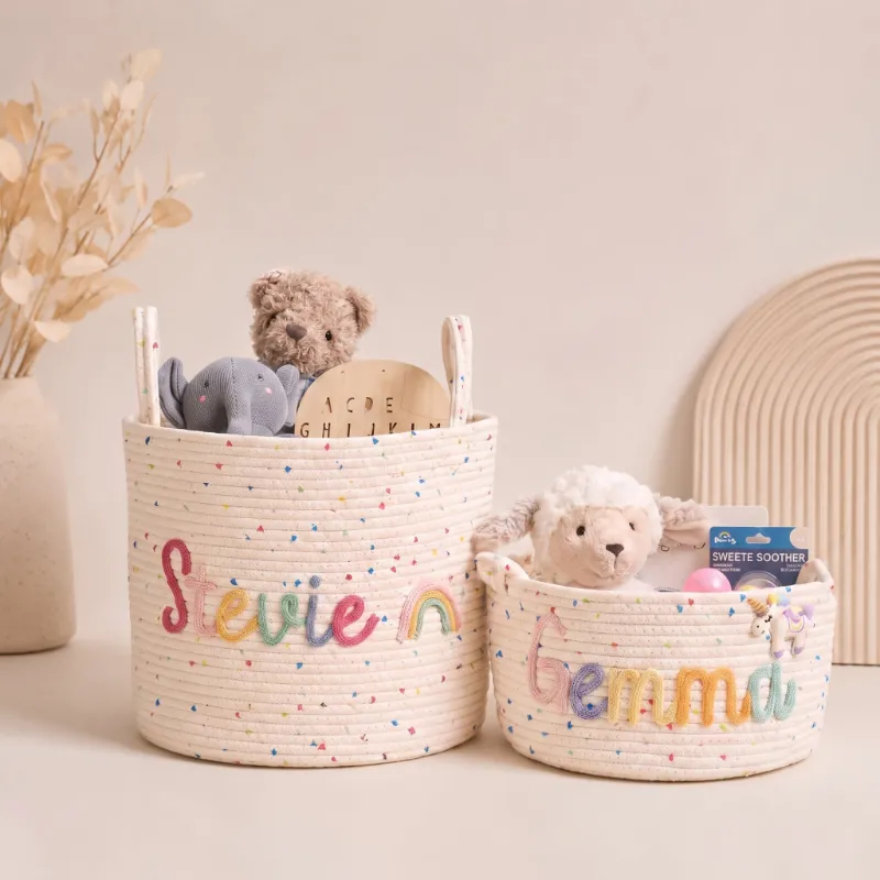 MamaRaya Personalized Nursery Storage Basket with raised yarn name lettering