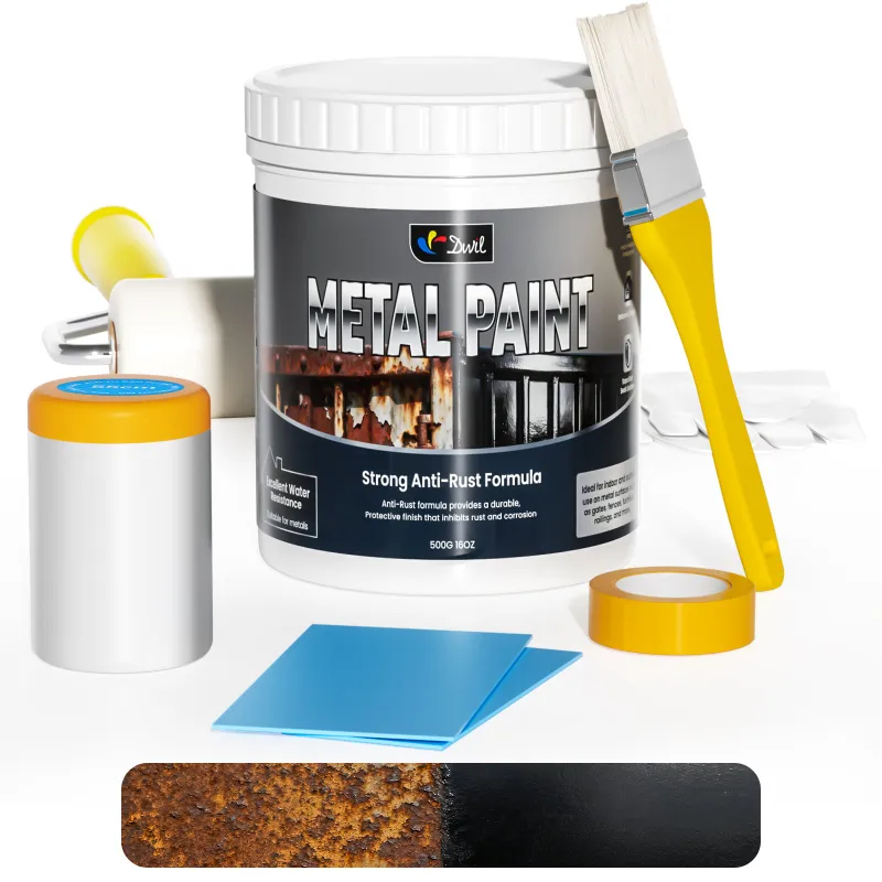 DWIL Paint Waterproof Metal Paint Kit with Anti-Rust Protection container and painted metal surface