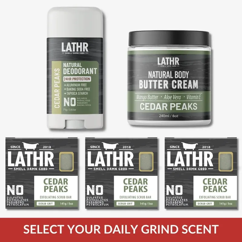 LATHR Daily Grind Bundle with soap bars, deodorant, and body cream