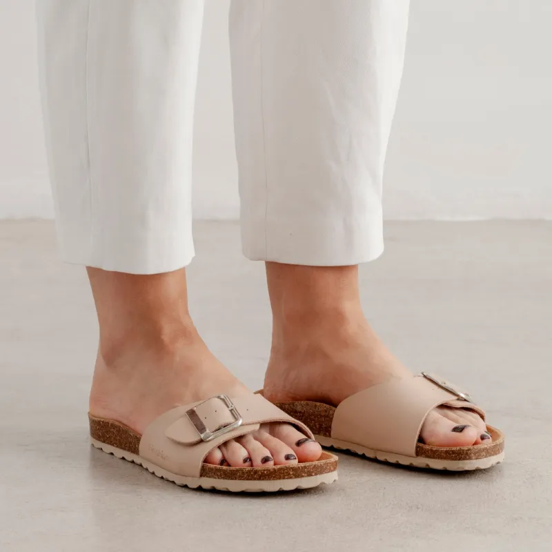 BIANKINA Cordoba Vegan Leather Slide Cork Sandal in Sand Brown, cork footbed sandal with buckle closure