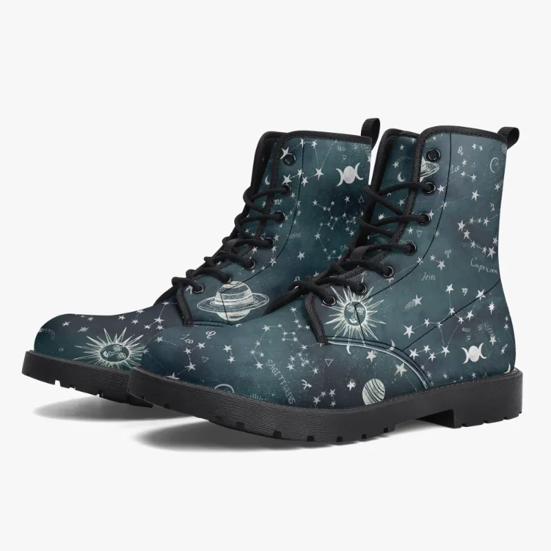 Spirit Nest Astrology Map Turquoise Leather Boots with star constellation vegan material
