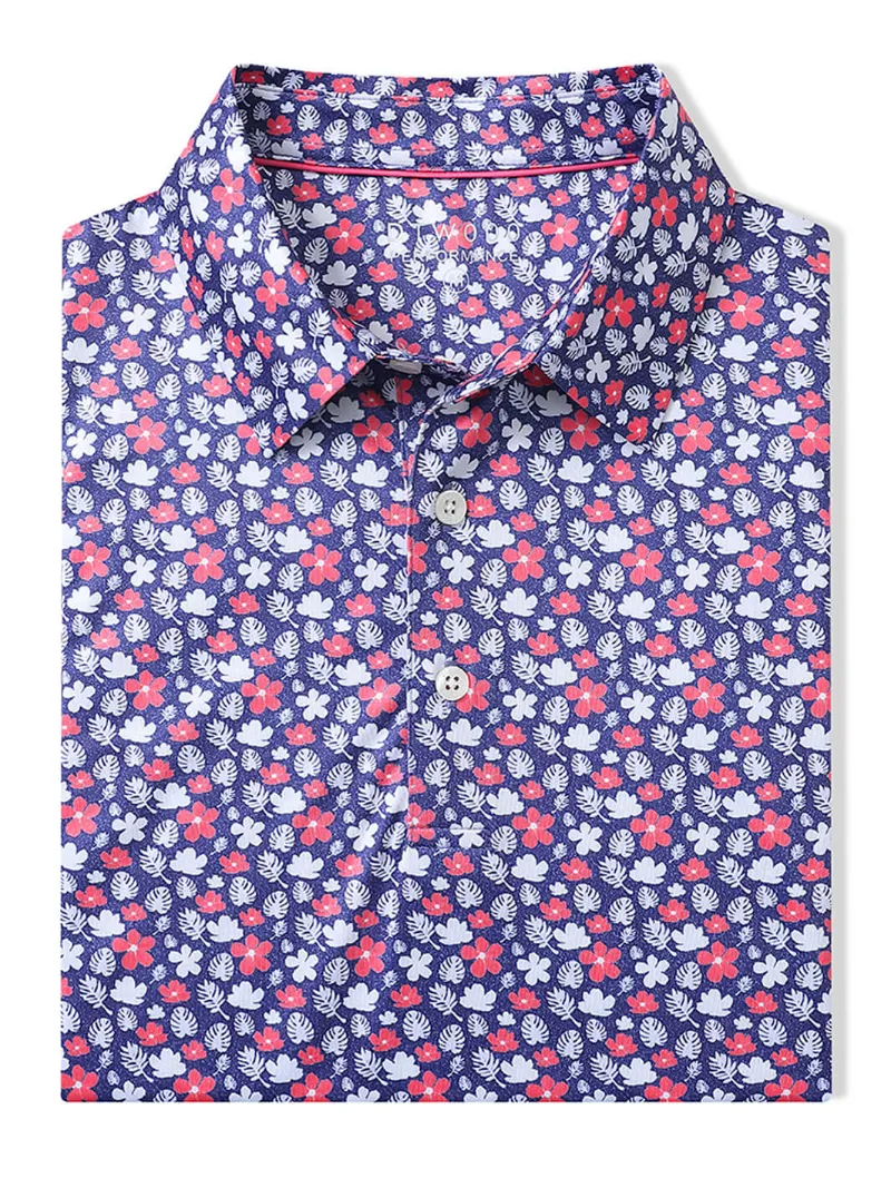 DTWOOO Men's Print Performance Polo in Flowers print, collared golf polo with floral design