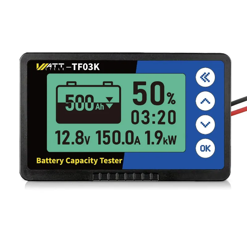 WattCycle 500A LiFePO4 Battery Monitor with Shunt showing LCD display and shunt connection