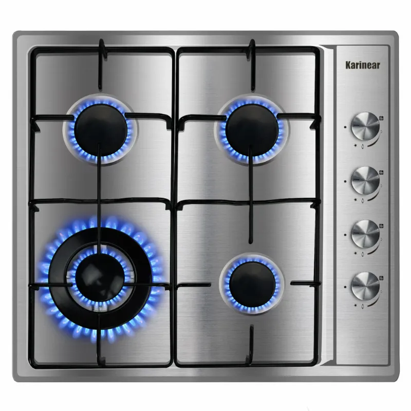 Karinear Appliances 24 Inch 4 Burner Stainless Steel Tempered Gas Cooktop, top-down view of four burners on glass surface