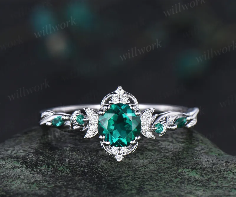 WillWork Jewelry 1ct round cut emerald engagement ring dainty moon diamond cluster ring nature-inspired leaf vines wedding ring - emerald st