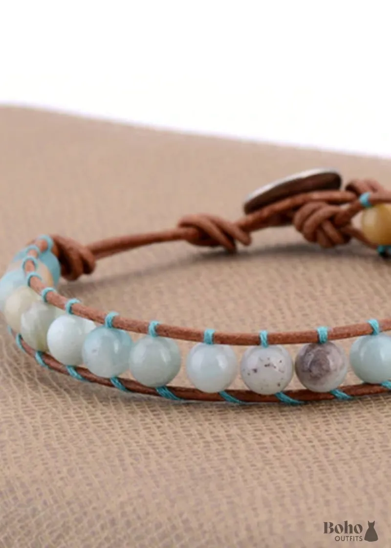 Boho Dress Boho Bracelet, Leather Wrap Bracelet, Weave Bracelet with Blue Amazonite stone