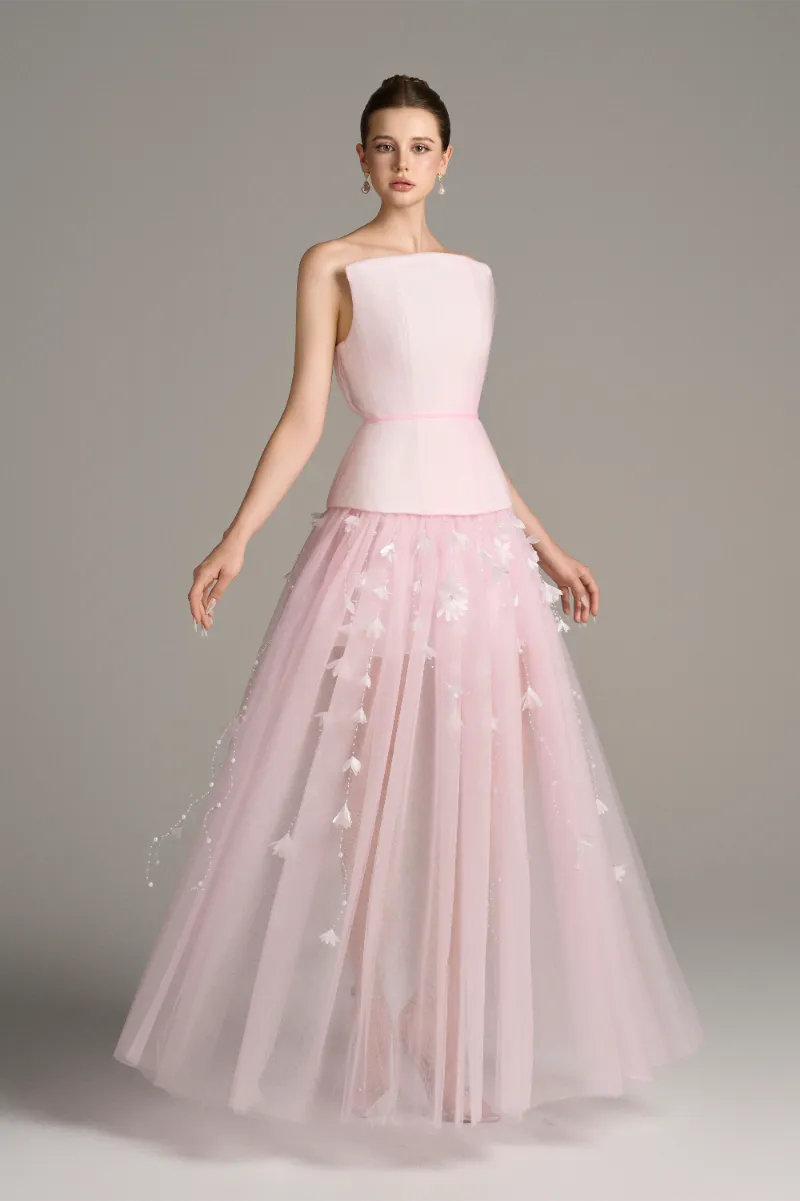 Kalisa Aveta Bandeau Top Layered Sheer Maxi Dress Set, maxi dress with pearl detailing and floral appliqués