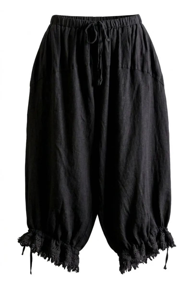 Cottagecore Clothes Dark Cottagecore Balloon Harem Pants in black linen-cotton with frayed lace cuffs