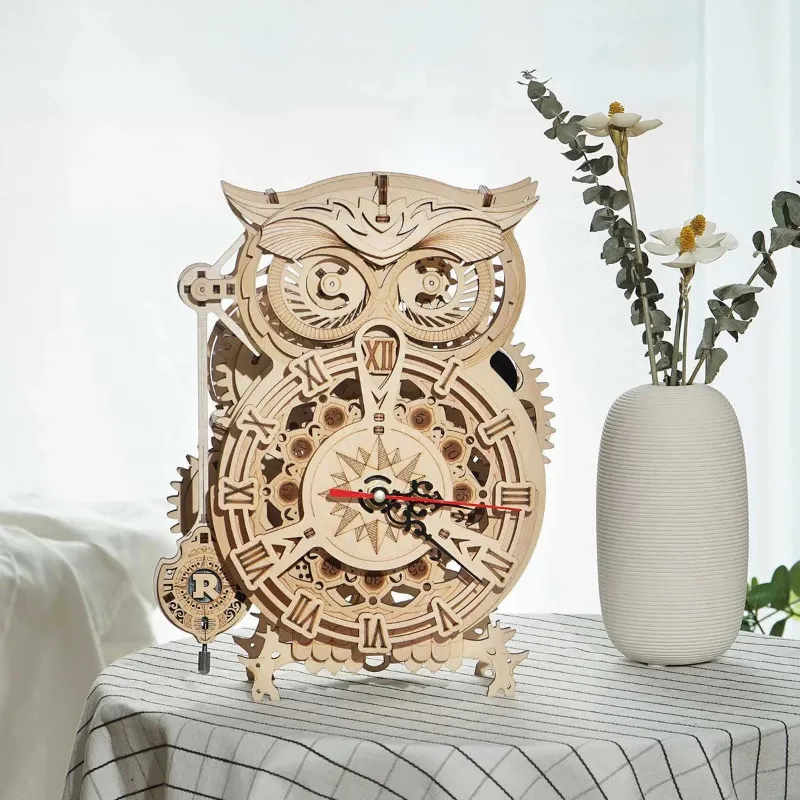 Varvikas 3D Wooden Mechanical Puzzle Kit, Owl Clock (RK004e) with visible brass gears forming the owl body