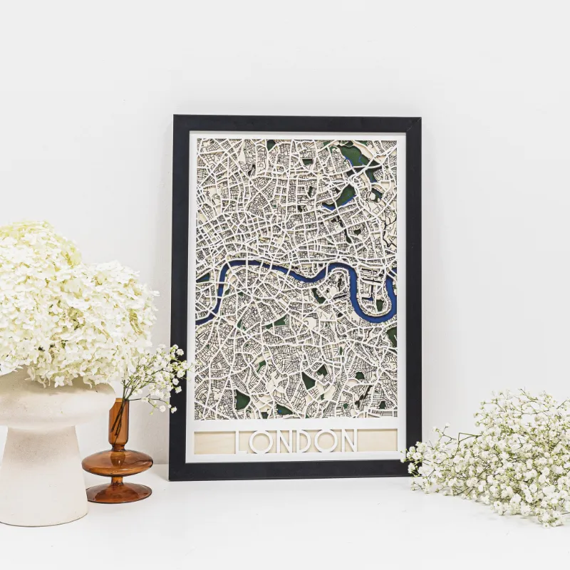 Enjoy The Wood 3D City Map London showing layered wooden street layout with Thames