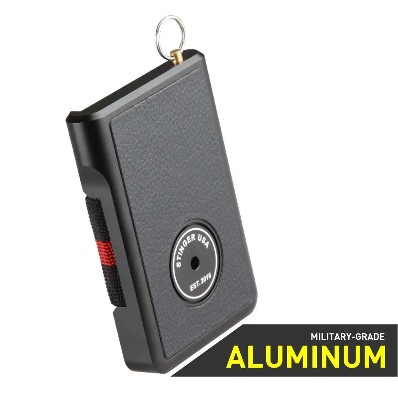 The Stinger Tools Stinger Aluminum Minimalist Wallet in leather black with personal alarm attachment