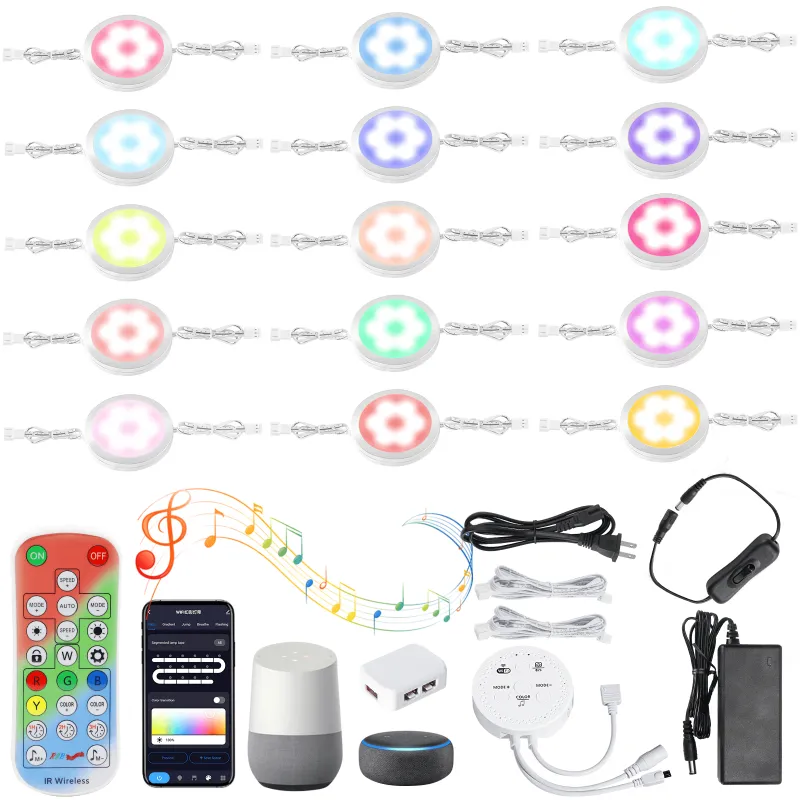 AIBOO Dream Color Under Cabinet Lights 15 pack color changing puck lights with remote and smartphone app control on shelves