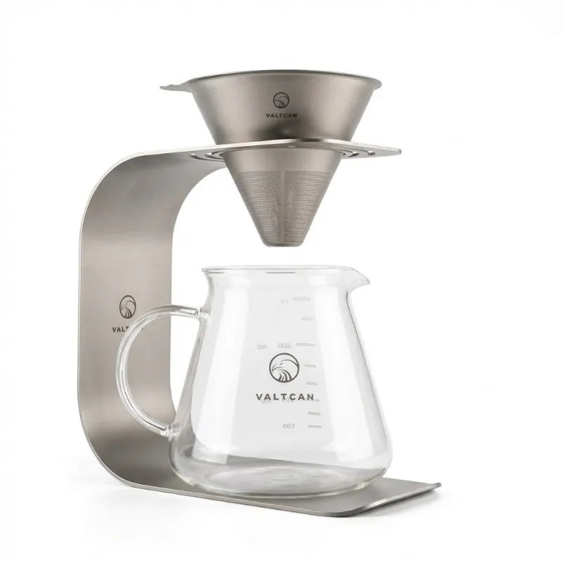 Valtcan Titanium Pour Over Set, filter and arc stand with full glass carafe