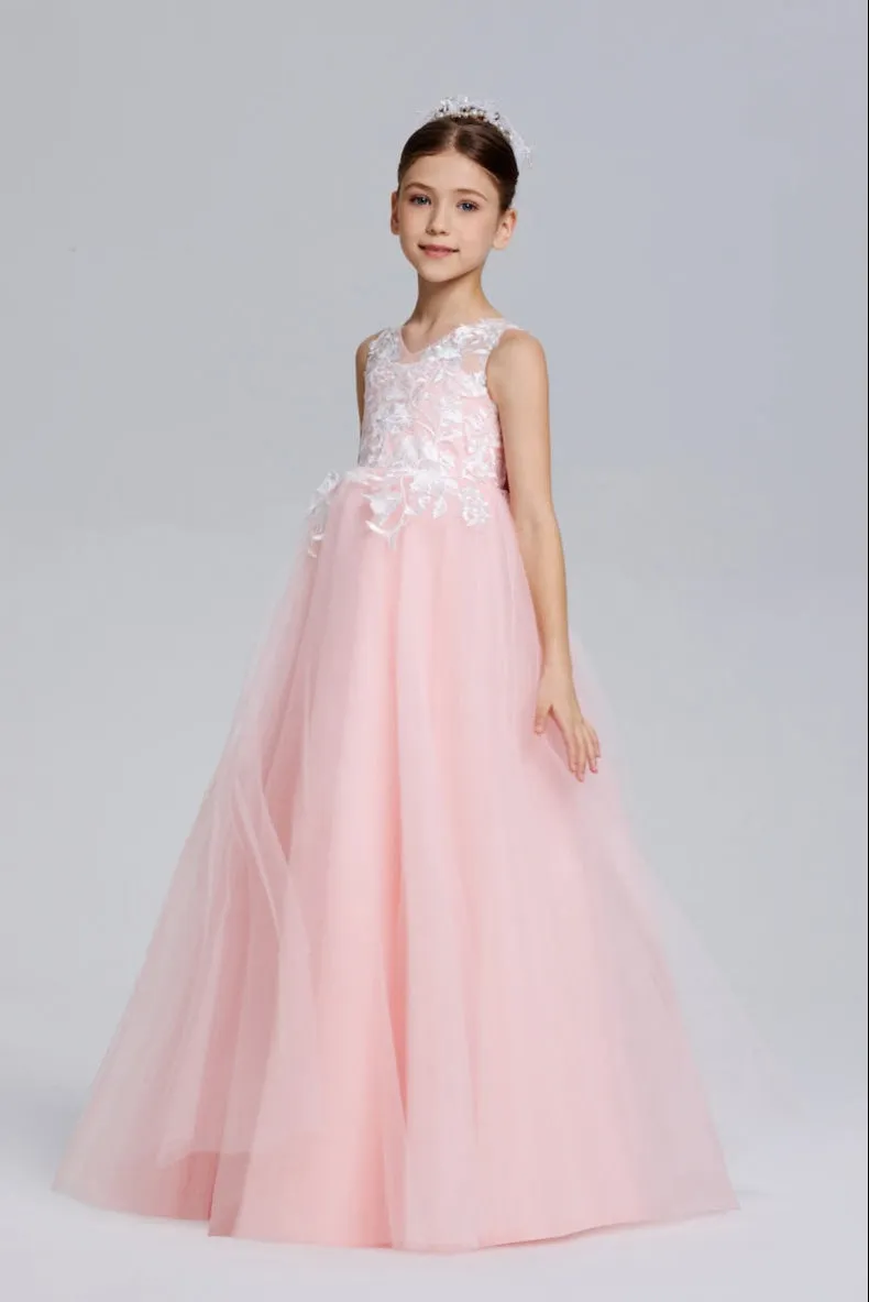 Wehilion Charming Princess A-Line Tulle Flower Girl Dress, sleeveless lace and tulle gown with V-neck