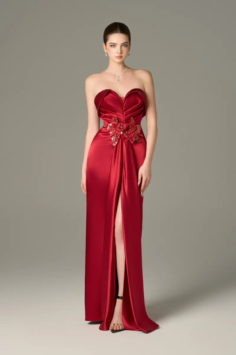 Kalisa Designer Satin Silk Pleated Maxi Dress in full silhouette