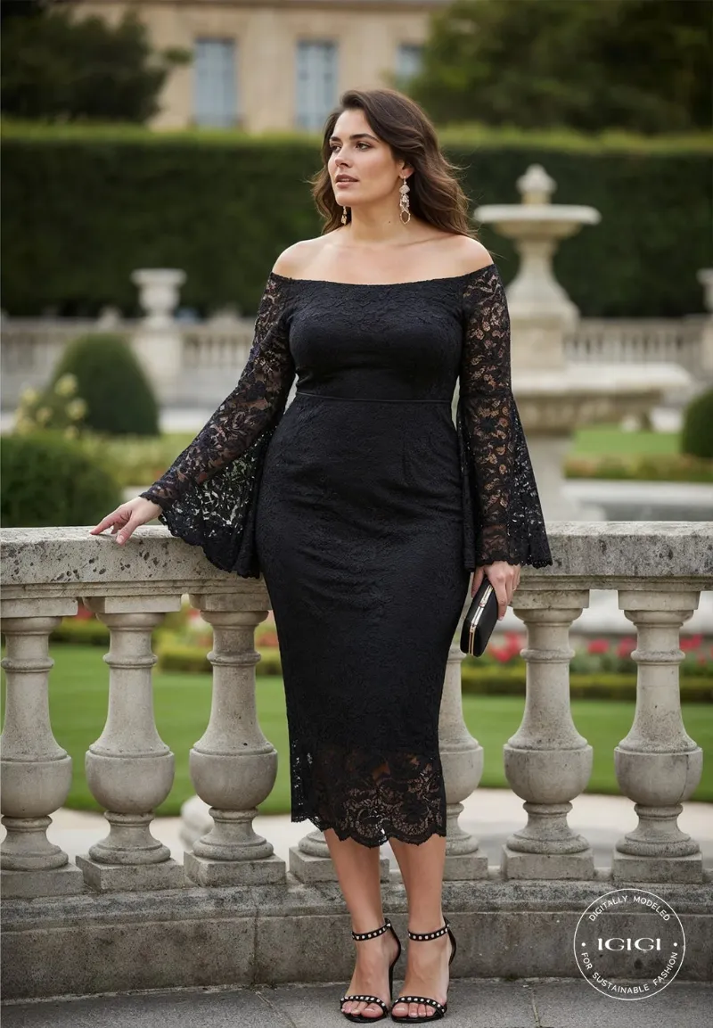 IGIGI Justine Black Lace Dress off-shoulder midi cocktail dress with bell sleeves