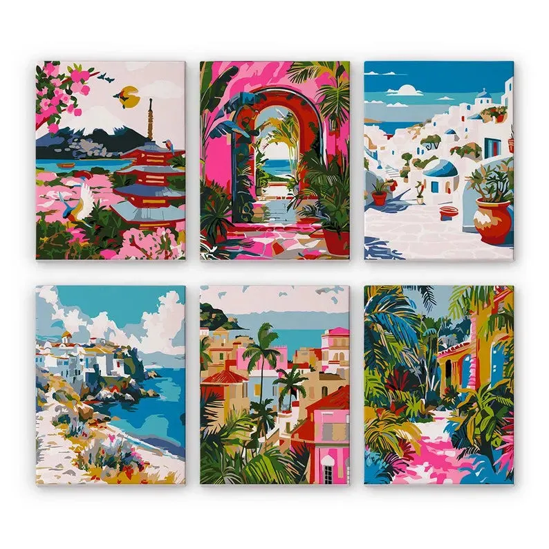 Maikoo Art 6 Mini PBN Pink Seascape Framed paint by number set showing six small framed canvases with coastal scenes