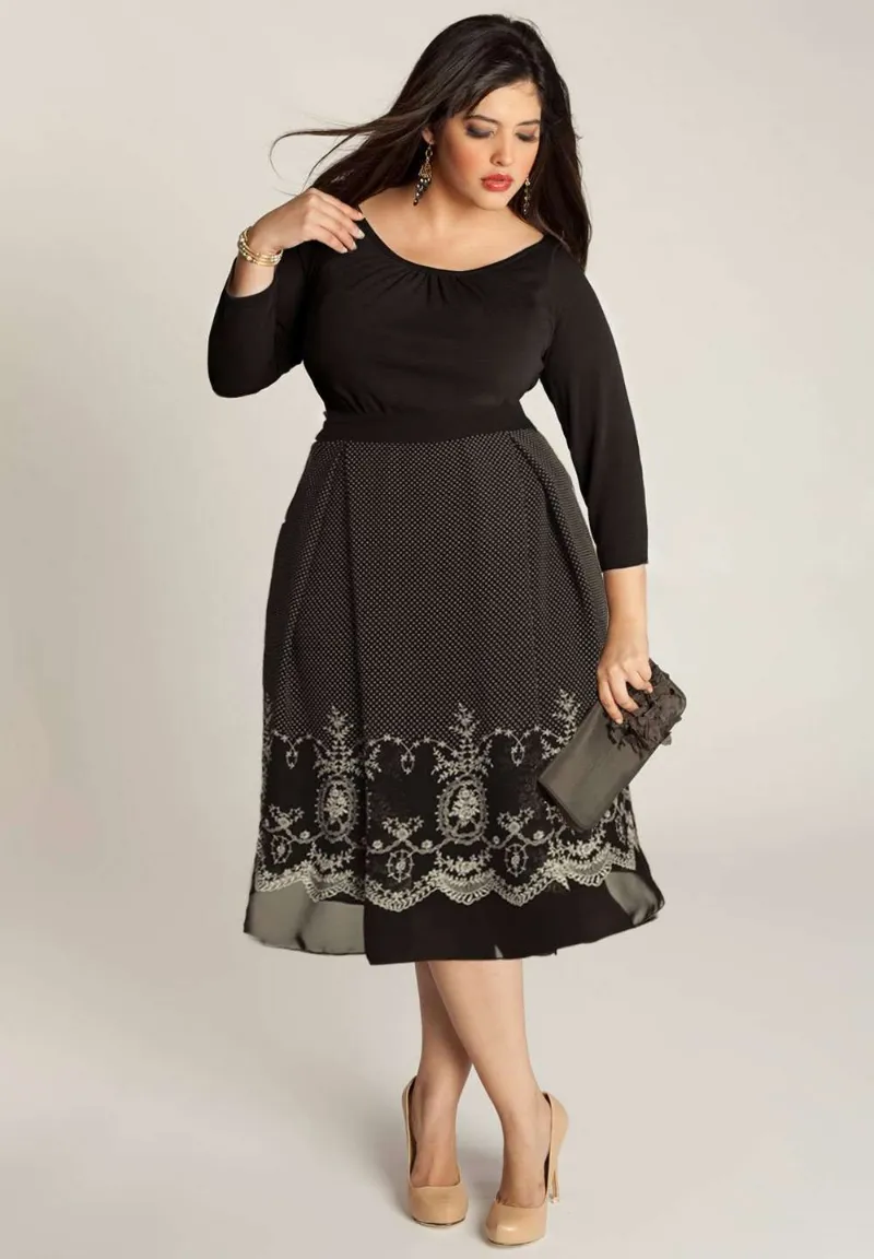 IGIGI Braylee Plus Size Dress In Black showing a two-tone dress with black bodice and printed chiffon skirt