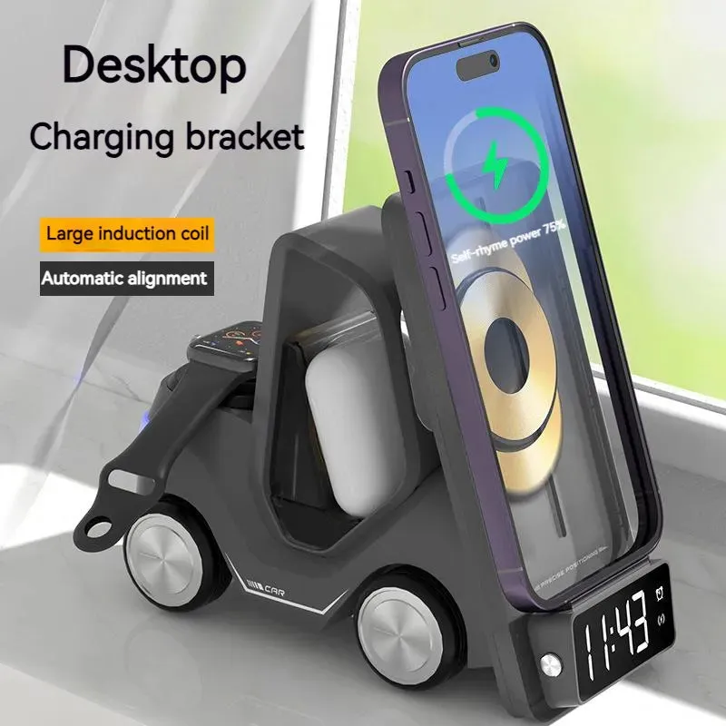 Kicklo 5-IN-1 Wireless Charging Station with car-inspired design and alarm clock display