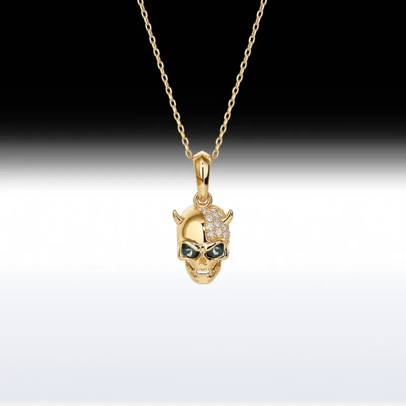 Starlandus Devil Skull Memento Mori necklace pendant with custom birthstone eyes on chain
