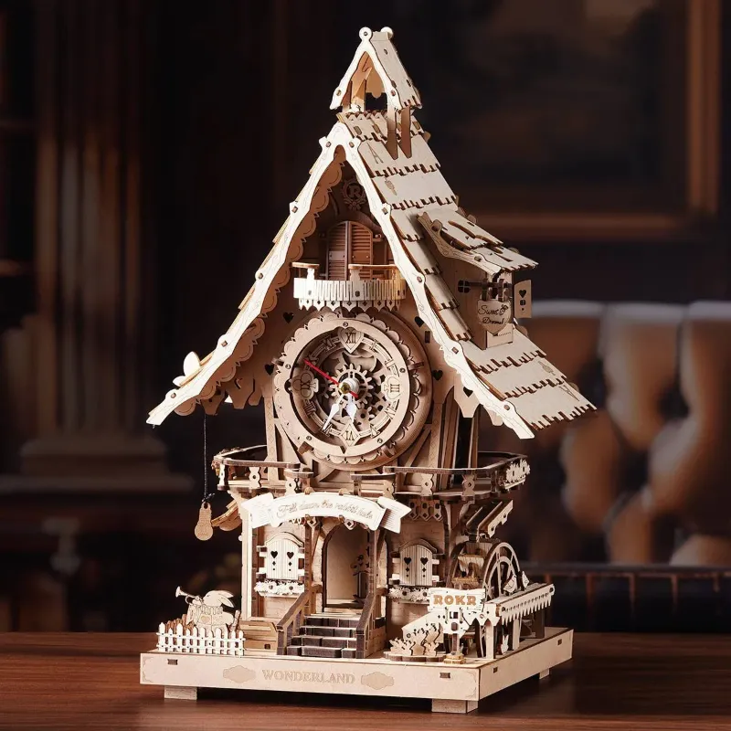 Varvikas 3D Wooden Mechanical Puzzle Kit, Cuckoo Clock LC901e with detailed wooden gears