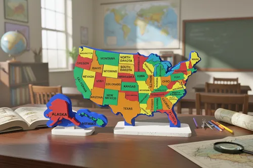 Fun House Toys U.S. Map Puzzle and Model with all 50 states assembled on display base