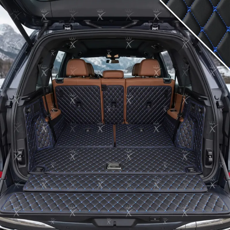 Luxus Car Mats Diamond 360Fit Trunk Mat showing black eco-leather with blue stitching