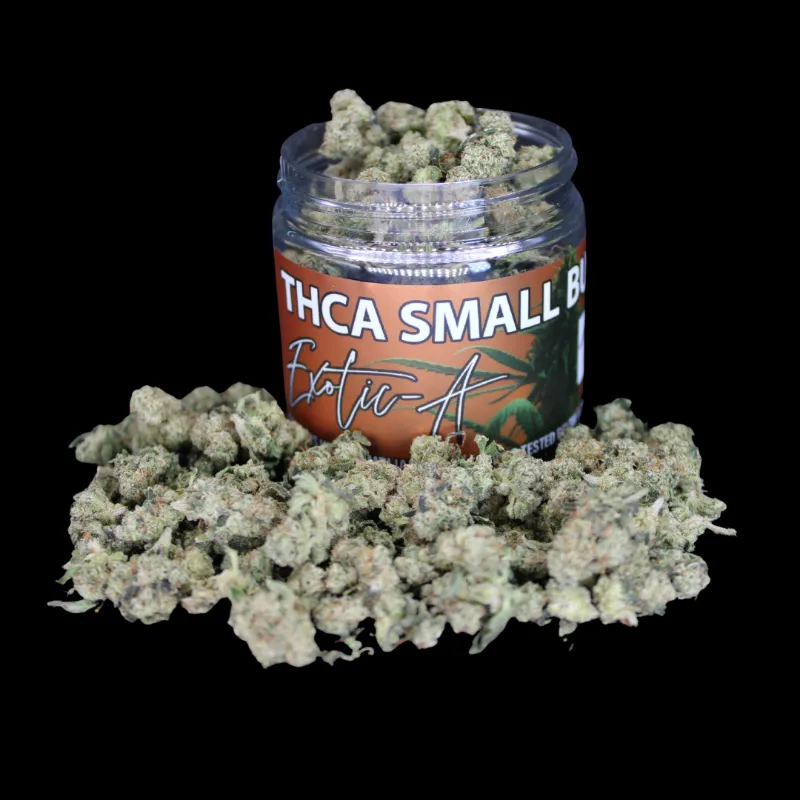 THCA Small Buds XJ-13 Exotic THCA Smalls, green buds in branded jar