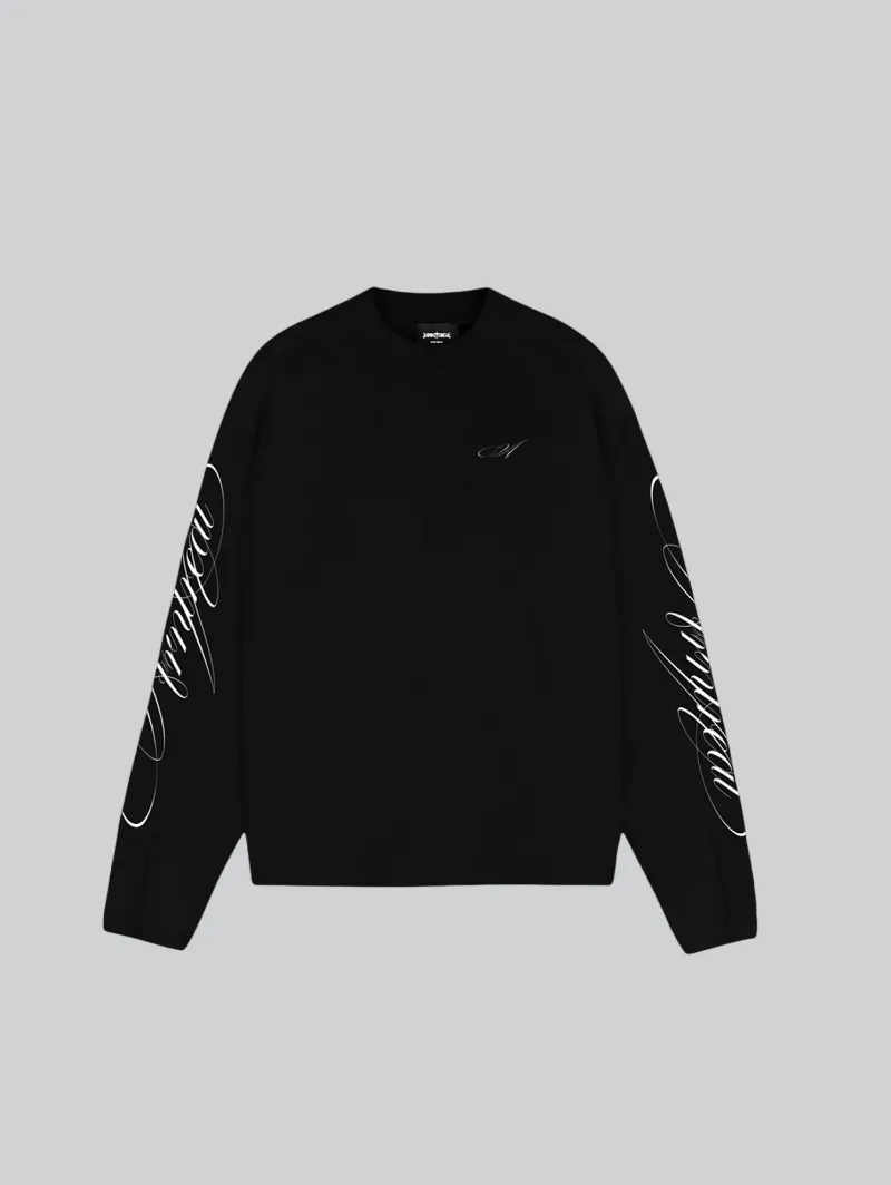 ARNTREAL Script Longsleeve Waffle Black, a black waffle-knit cotton longsleeve with raglan sleeves