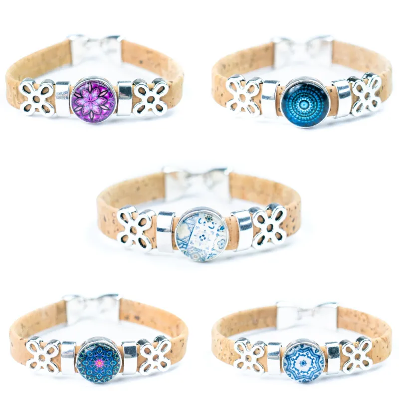 Corkadia 10mm Portuguese Cork Bangle with mandala geometric pattern and metal floral detail