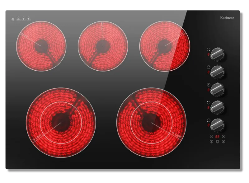 Karinear 30 inch 5 burner electric cooktop with knob and touch control, black glass top
