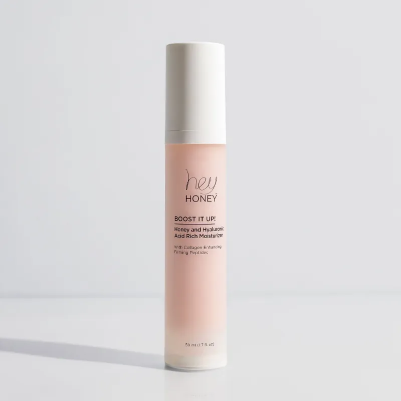 Hey Honey BOOST IT UP Honey and Hyaluronic Acid Rich Moisturizer jar on clean background