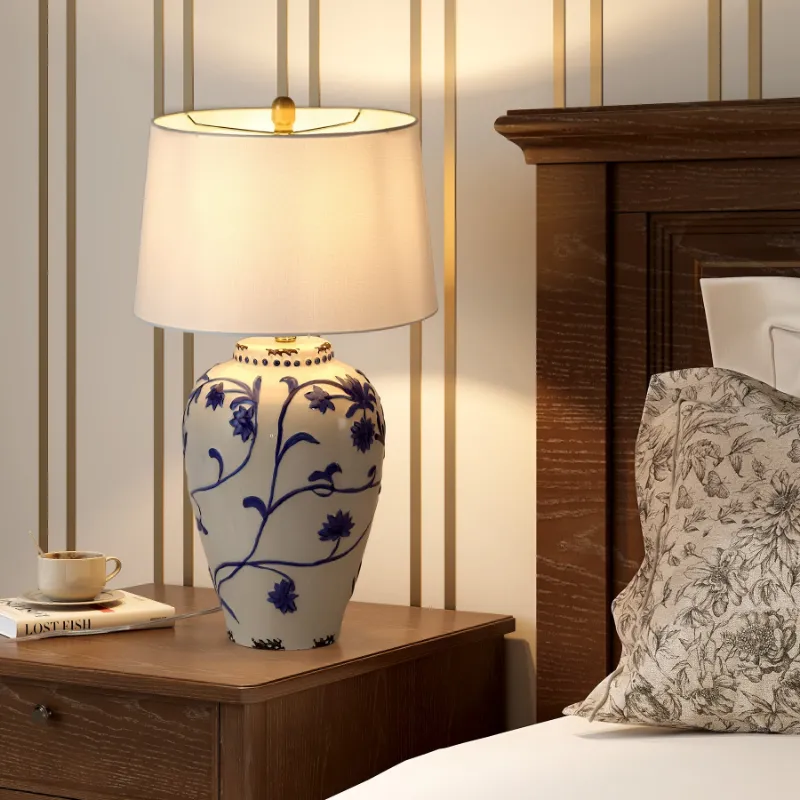 Tribesigns 26" Porcelain Table Lamp with embossed floral base and white linen shade