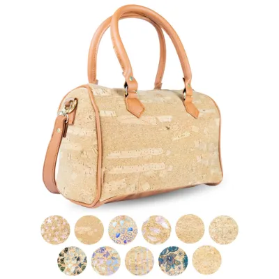 Corkadia Cork Barrel Handbag showing structured rounded shape with double handles and natural cork texture