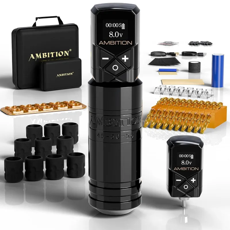 Ambition Tattoo Torped 36mm Wireless Tattoo Machine Kit with pen, dual batteries, stroke cams, and accessories