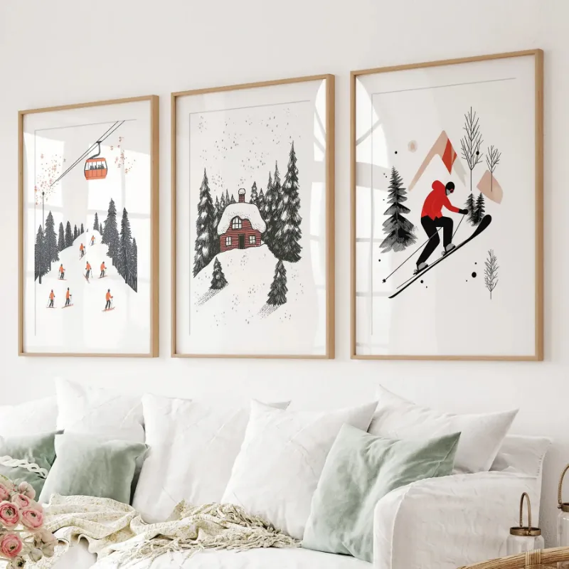 Wall Art Set Alpine Skiing Winter Set of 3 Prints Home Wall Art showing three ski-themed prints