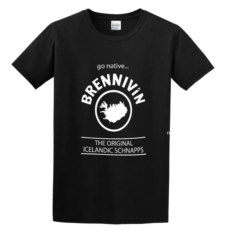 Nammi Brennivín T-Shirt in black with hand-printed Icelandic aquavit design