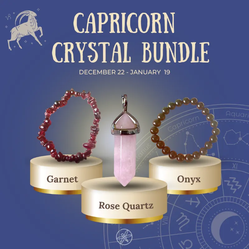Turix Capricorn Zodiac Crystal jewelry set with two bracelets and a rose quartz pendant necklace