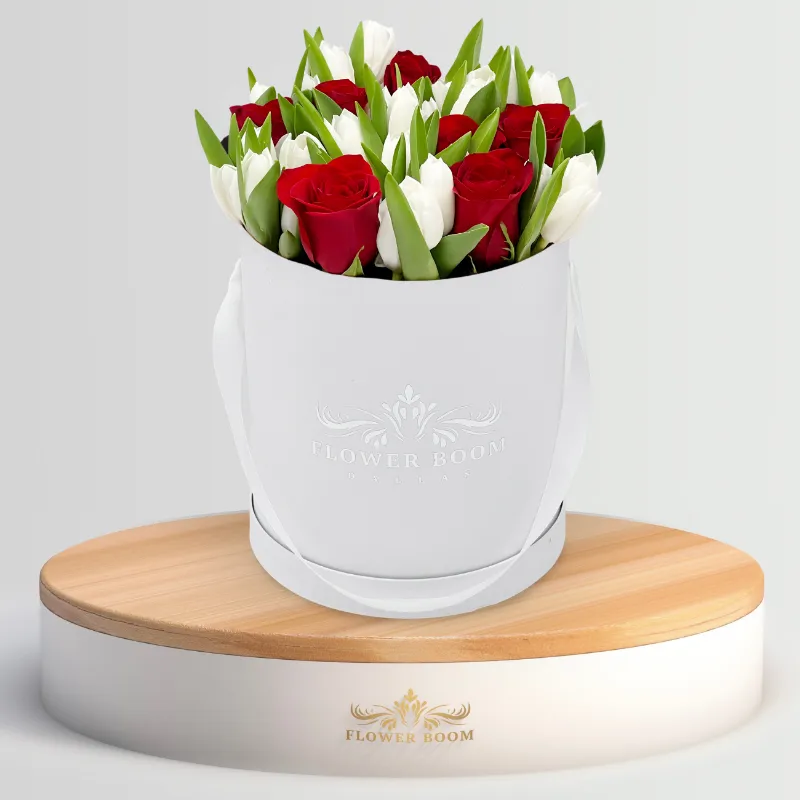 Flower Boom Dallas Red Roses & Tulips mixed arrangement with red roses and white tulips