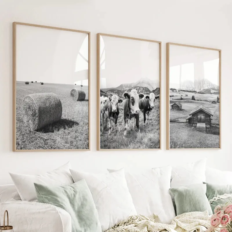 Wall Art Set Black White Rustic Photo Wall Art Set Cows Barn Haystack farm prints
