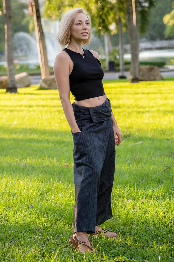 Hippie Pants Dark Gray Fisherman Pants, gray wrap-around fisherman pants with side pocket