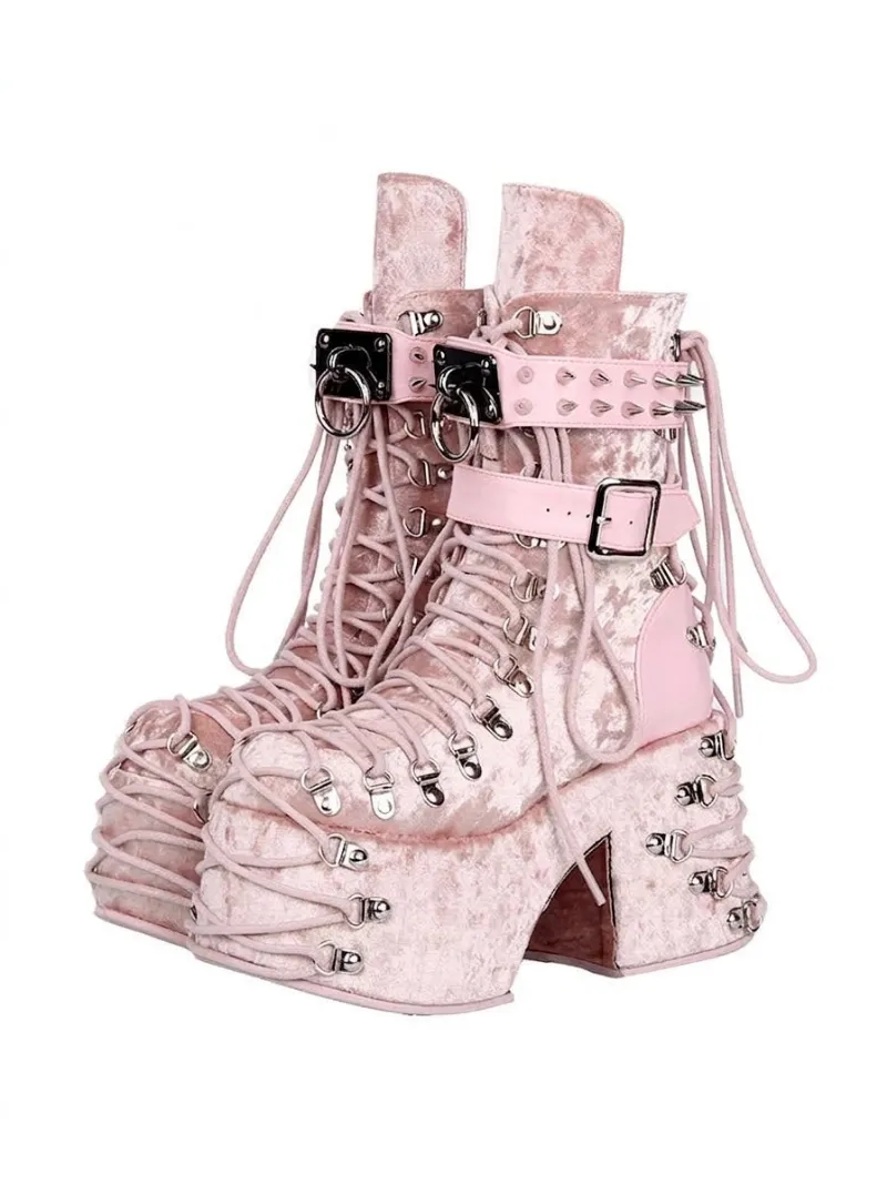 Shoptery Jirai Kei Pink Velvet Platform Lace-Up Studded Mid-Calf Boots with chunky square heel and platform sole