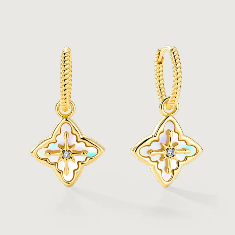 Alexcraft Shellstar Mother-of-Pearl Star Huggie Drop Earrings with twisted hoop and pearl star charm