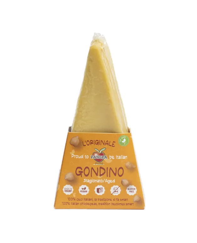 Vegaliano Classic Gondino plant-based aged cheese wheel on white background