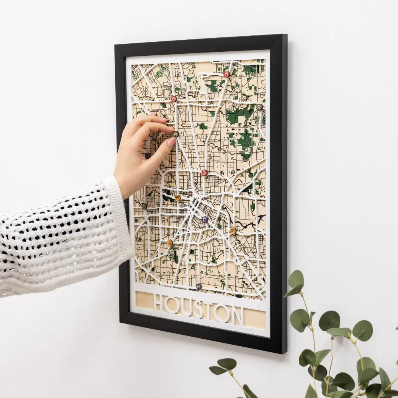 Enjoy The Wood 3D City Map Houston showing layered wooden street grid and bayous