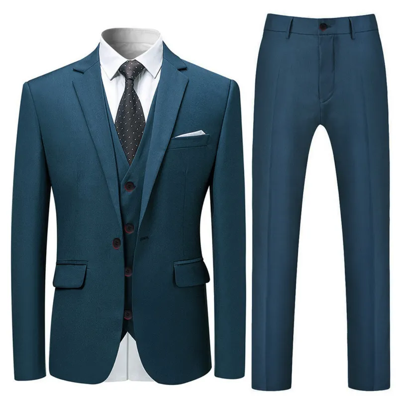 Cloudstyle 3-Piece Slim Fit Solid Color Jacket Smart Wedding Formal Suit Sea Blue photo