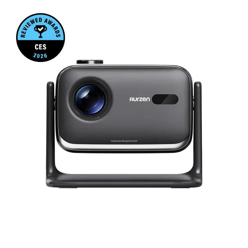 Aurzen BOOM mini Google TV smart projector showing dual speakers and flexible 110 degree stand