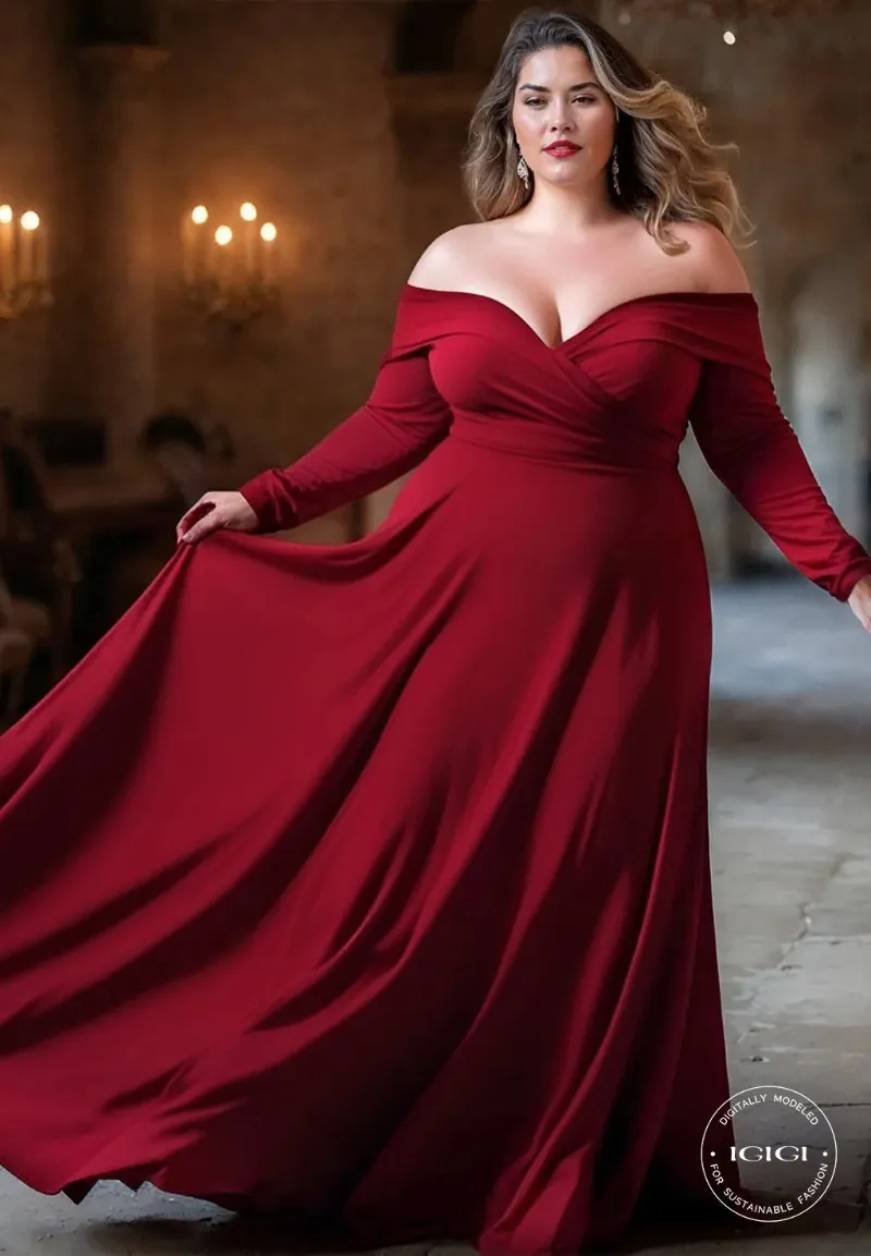 IGIGI Marie Plus Size Gown in Deep Red - rich red gown with flowing skirt on a curvy model